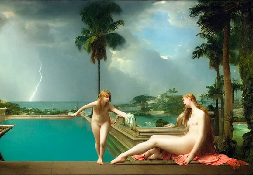 Image similar to Girl at the palace, refracted sparkles, thunderstorm, greek pool, beach and Tropical vegetation on the background major arcana sky, by paul delaroche, hyperrealistic 4k uhd, award-winning, very very very detailed