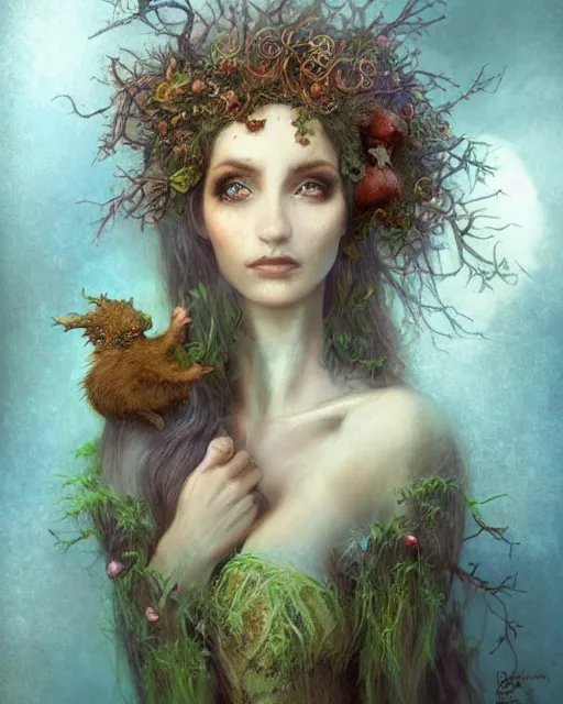 Image similar to dryad musician inspired by brian froud, portrait, accompanied by a cute feathered mouse, studio lighting by jessica rossier and brian froud and gaston bussiere