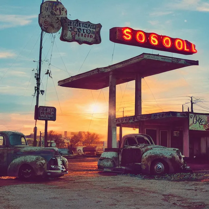 Image similar to a sunset light landscape with historical route 6 6, lots of sparkling details and sun ray ’ s, blinding backlight, smoke, volumetric lighting, colorful, octane, 3 5 mm, abandoned gas station, old rusty pickup - truck, beautiful epic colored reflections, very colorful heavenly, softlight