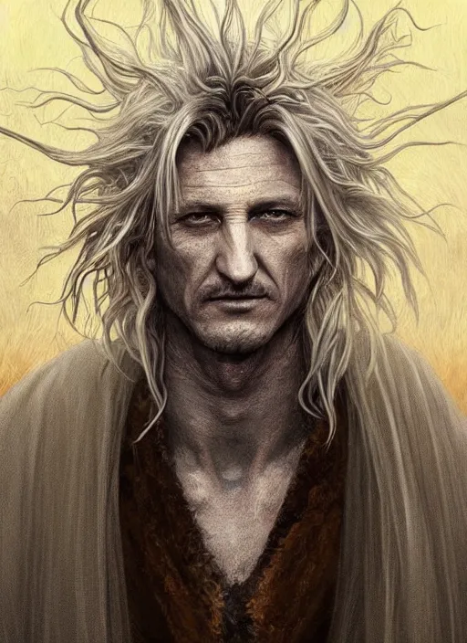 Prompt: Portrait of Sean Penn, white glowing eyes, silver shaggy hair, cloak, ethereal wings, male, fantasy, extremely detailed, digital painting, artstation, concept art, smooth, sharp focus, illustration, stunning lighting, art by artgerm and greg rutkowski and alphonse mucha and simon stalenhag, realistic character concept, high fantasy, light atmosphere, golden ratio, cinematic lighting, hyperdetailed, high resolution, insanely detailed and intricate, artstation, Marc Simonetti, Greg Rutkowski, 8k