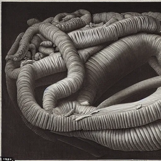 Prompt: by grant wood, by valentin de boulogne midday, dramatic lighting ultradetailed, insane. a installation art of the human intestine in all its glory. each section of the intestine is labelled, & various items & creatures can be seen inside, such as bacteria, food particles, & even a little mouse.