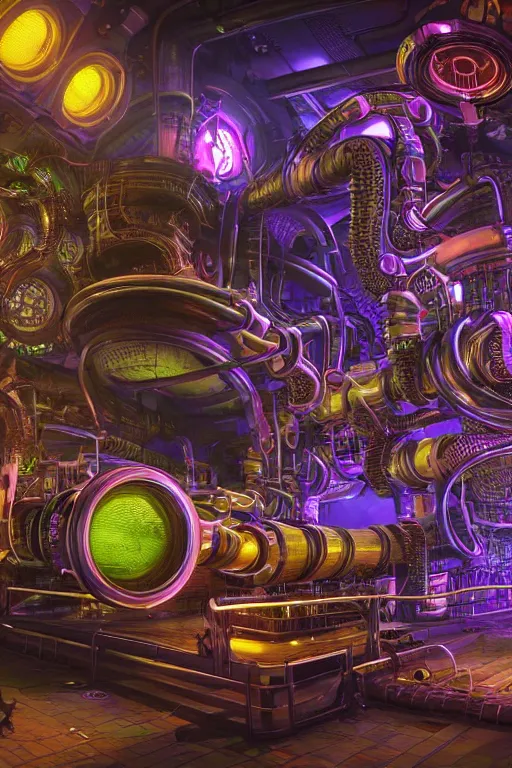 Prompt: cyberpunk octopus, glowing vacuum tubes, symmetric realistic digital art, 3 d render of two huge futuristic steampunk generators inside a huge steampunk engine, 8 k, fluorescent colors, halluzinogenic, multicolored, exaggerated detailed, unreal engine