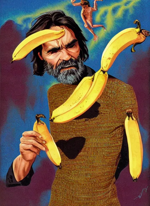 Image similar to vintage magazine advertisement depicting charles manson slipping on a banana peel, by alex grey