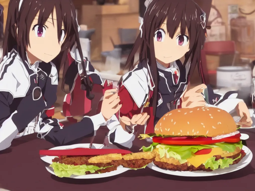 Image similar to yuuki konno from sword art online eating a big burger and being happy, High Definition detail, 8K, anime