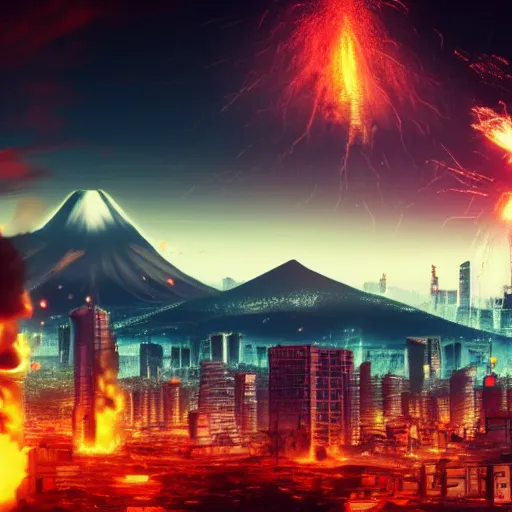 Image similar to large cyberpunk city on fire with volcano erupting in the background, planets in the sky, sharp focus, highly detailed, night