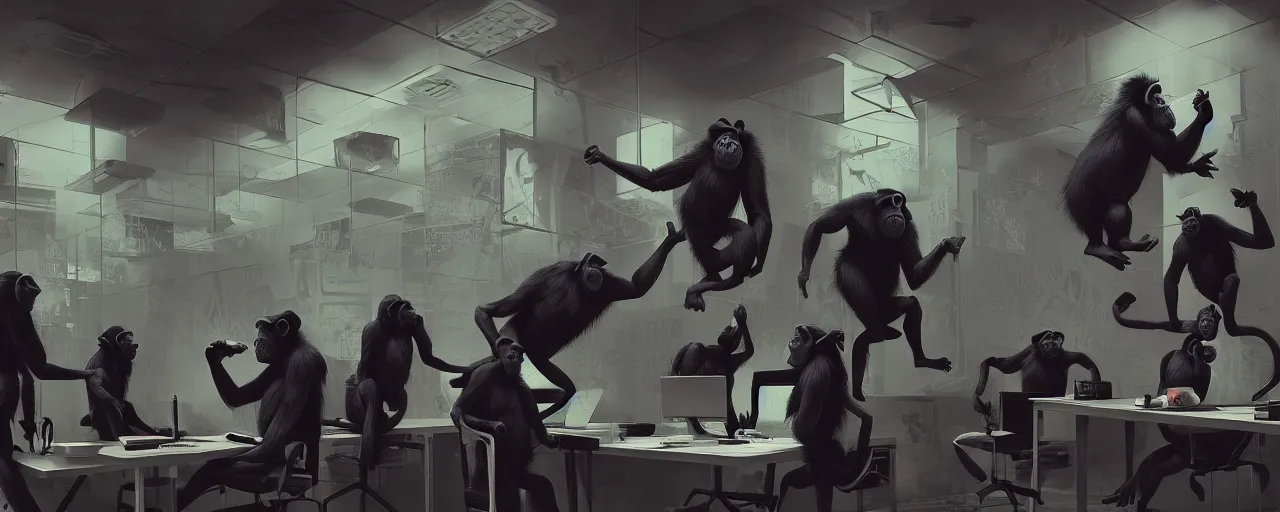 Prompt: duotone noir concept illustration of group wild and crazy chimps ruining inside of modern office computer rooms, octane render, concept hideo kojima surreal atmosphere, volumentric lighting. cosmic horror. accidental renaissance. by sachin teng and sergey kolesov and ruan jia and heng z. graffiti art, scifi, fantasy, hyper detailed. trending on artstation