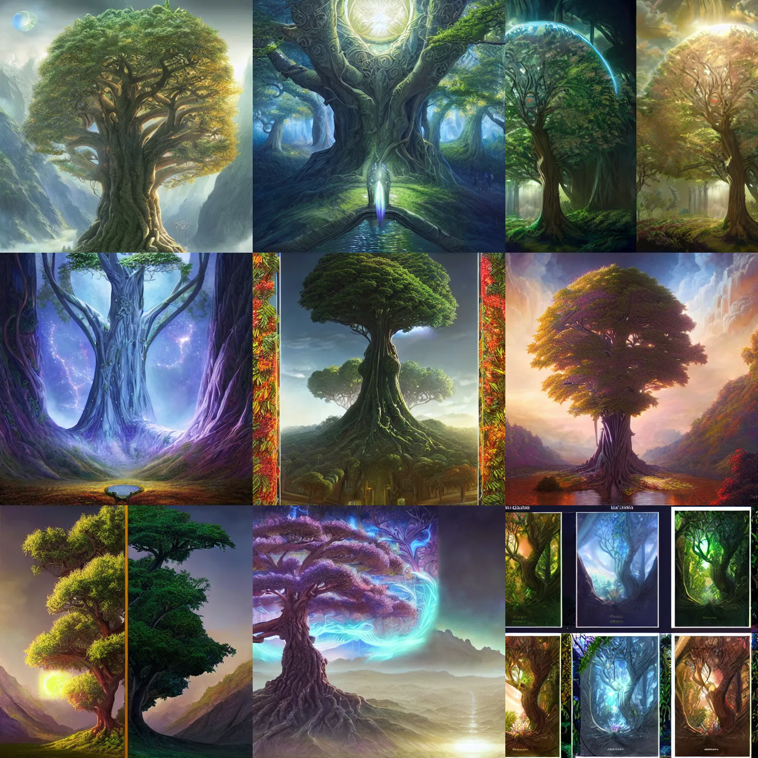 Prompt: tree of life, four seasons, volymetric light, highly detailed matte painting by ( ohrai ), charlie bowater and mark brooks and