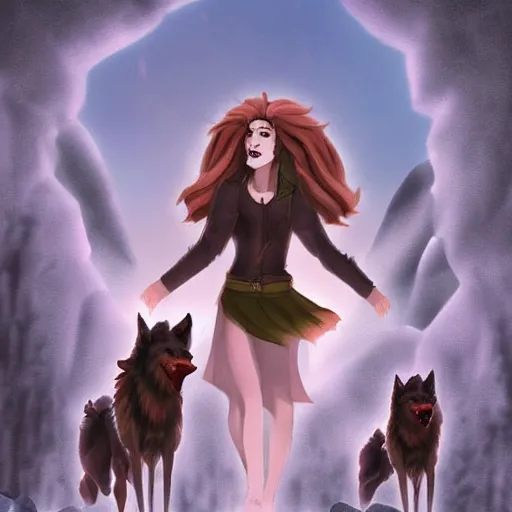 Prompt: of eurielle in a epic cinematic scene surrounded by wolves digital art in the style of greg retowski