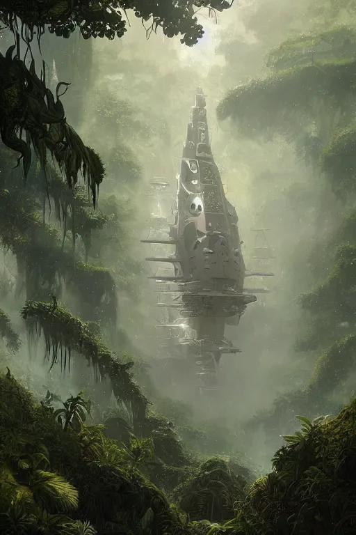Image similar to a view of a frigate space ship in a magical tropical rain forest, D&D, fantasy, intricate, cinematic lighting, highly detailed, digital painting, artstation, concept art, smooth, sharp focus, illustration, art by Terry Moore and Greg Rutkowski and Alphonse Mucha
