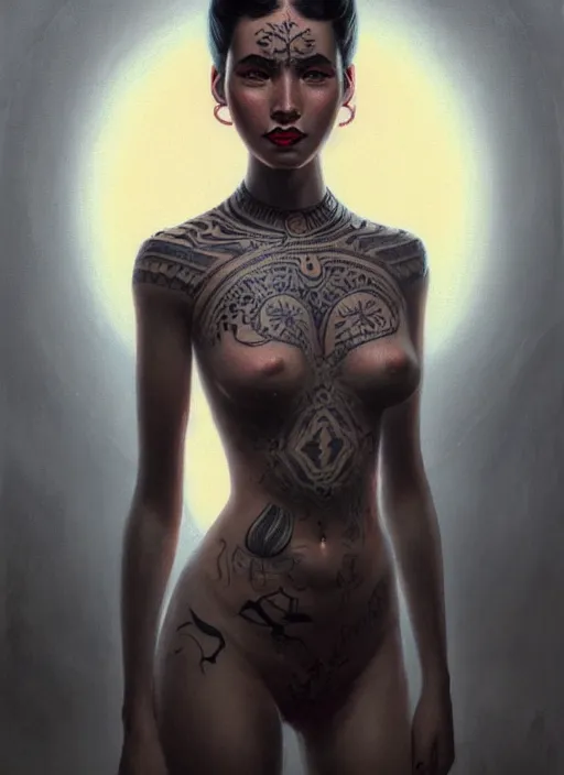 Image similar to portrait of a girl, fair skin, black hair, serious, tribal tattoos on her face, 1 9 5 0 s, intricate, elegant, glowing lights, highly detailed, digital painting, artstation, concept art, smooth, sharp focus, illustration, art by wlop, mars ravelo and greg rutkowski