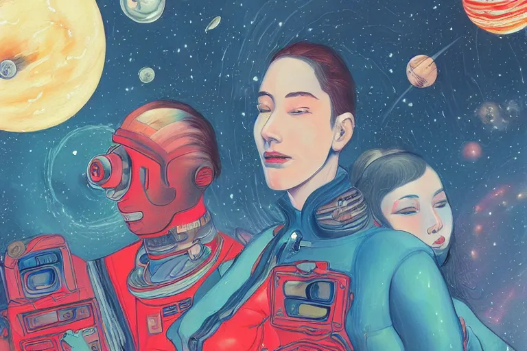 Image similar to a painting of a man and a woman in space, a computer rendering by James Jean, featured on behance, feminist art, photoillustration, surrealist, behance hd