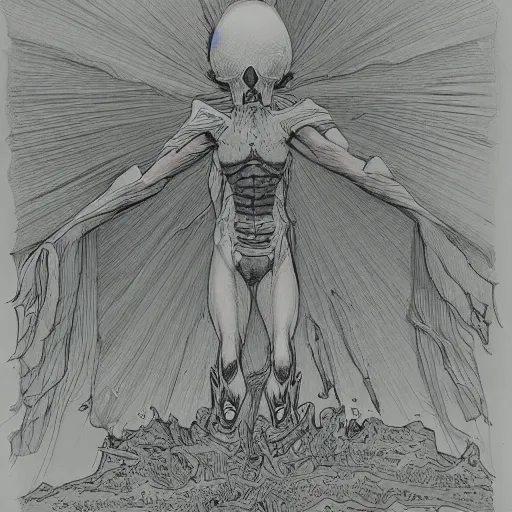 Prompt: a crossroad between life and death, drawing by moebius