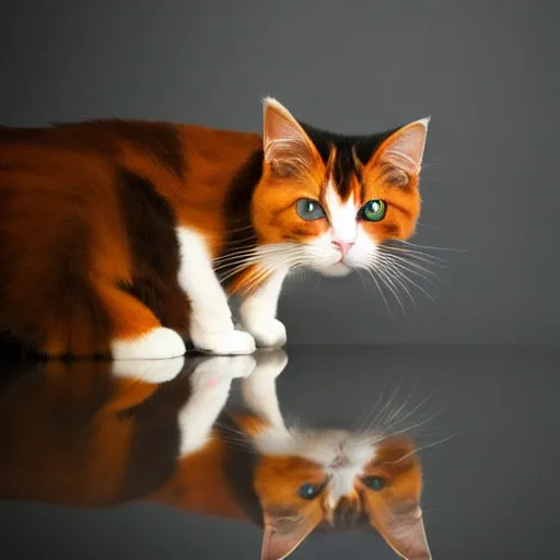 Prompt: calico cat, award winning, reflection, ultra wide shot, photography, award winning photography, cinematic