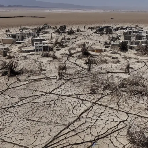 Image similar to apocalyptic beachside city, dried up oceans, desert everywhere, buildings covered in black tar