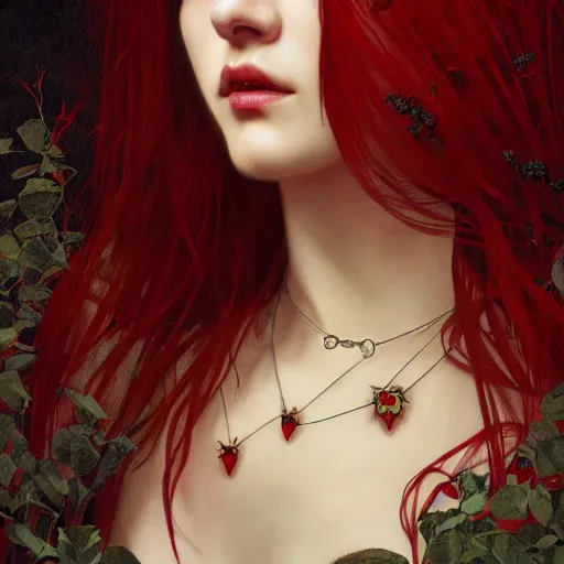 Prompt: portrait of beautiful vampire, rose thorn crown, thorns everywhere, headshot, pale skin, 4k, rule of thirds, extreme detail, detailed drawing, trending artstation, hd, fantasy, D&D, realistic lighting, by Alphonse Mucha, Greg Rutkowski, sharp focus, backlit, bright red hair, necklace, jewelry