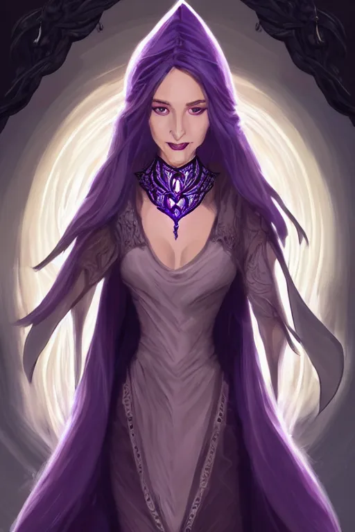 Image similar to a full body portrait of a gorgeous female sorceress, looking at camera, D&D, choker on neck, stylish dress with arcane symbols, very long flowing hair, intricate, elegant, stylish, cute slightly nerdy smile, mouth slightly open, fantasy, extremely detailed, digital painting, artstation, concept art, smooth, sharp focus, illustration, stunning lighting, art by artgerm and greg rutkowski and alphonse mucha and simon stalenhag