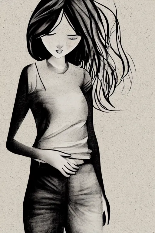 Image similar to portrait of a girl in long pants and a top, hands in pockets, eyes closed, bob haircut, digital art, black and white, lineart by bakartstudio 7