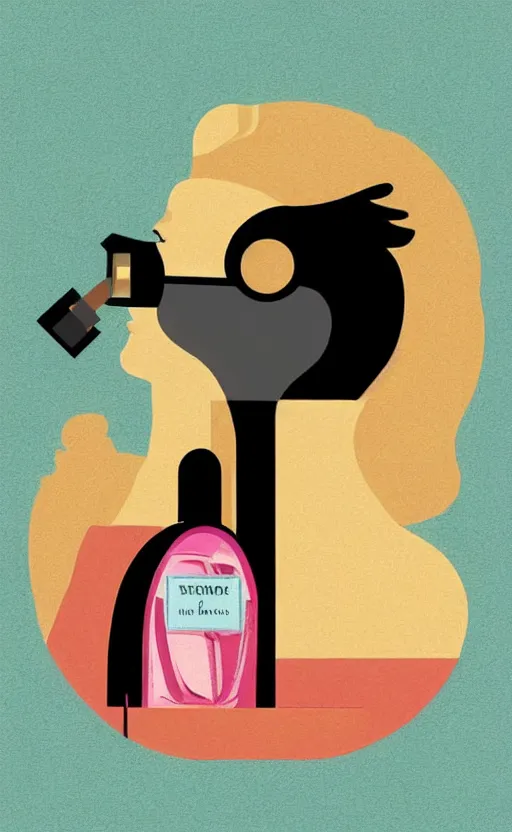 Prompt: illustration, close - up photo with beautiful bottle of perfume near nose, sniffing the aroma, an art deco painting by tom whalen, trending on behance, art deco, digital illustration, storybook illustration, grainy texture, flat shading, vector art, airbrush, pastel, watercolor, poster