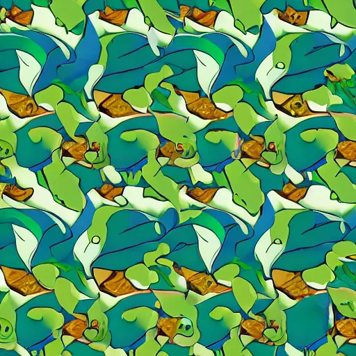 Prompt: a leaf face fish kissing a frog in a pattern in pokemon style