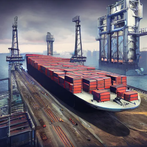 Image similar to photo of Immense industrial futuristic cargo ship arrives at cyber punk city sea port, cinematic lighting, photo