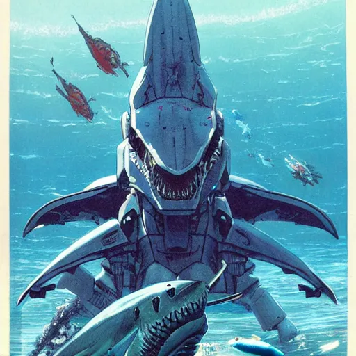 Prompt: aquatic gundam with a shark face, amphibious mobile suit by wayne barlowe, pascal blanche, victo ngai