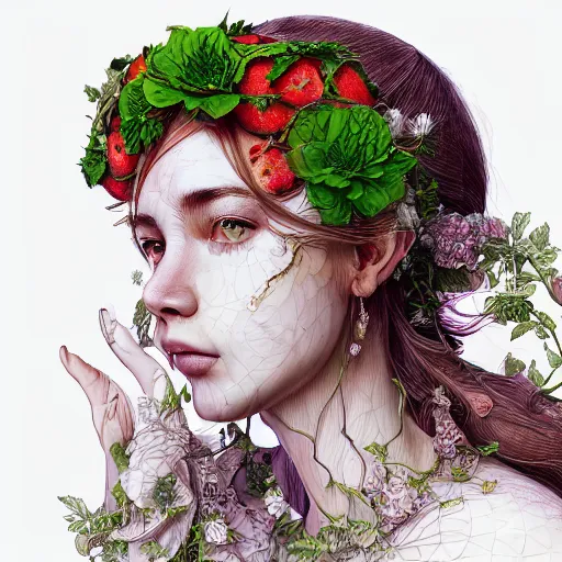 Prompt: the portrait of an absurdly beautiful, graceful, elegant, chaste, young woman made of strawberries and green petals looking up, an ultrafine detailed illustration by kim jung gi, irakli nadar, intricate linework, bright colors, octopath traveler, final fantasy, angular, unreal engine 5 highly rendered, global illumination, radiant light, detailed and intricate environment