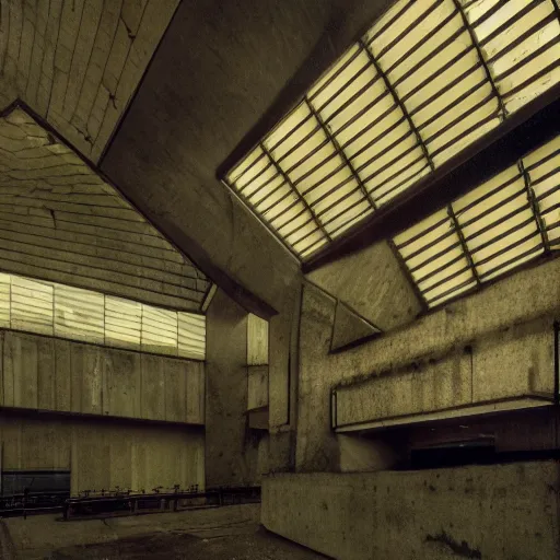 Image similar to eco brutalist interior with high celing and big windows, dark moody lighting, neo militarism, highly detailed, excellent composition, dramatic lighting, photography, 3 5 mm, kodak film
