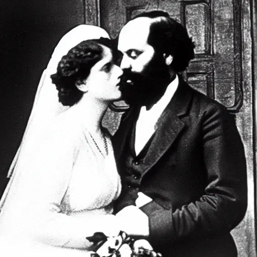 Prompt: Karl Marx and Ayn Rand kissing, wedding photo, 1920, Church backround