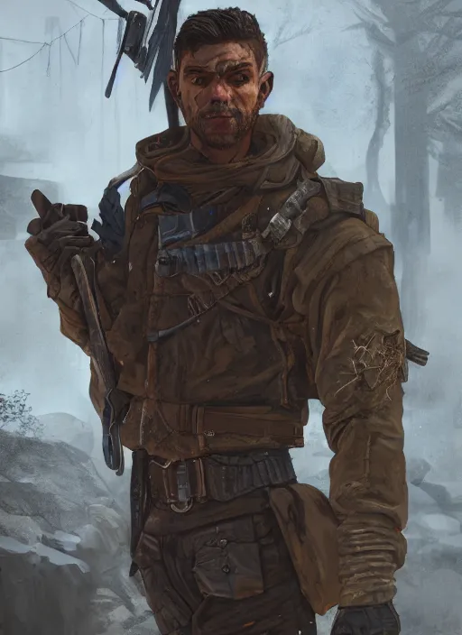 Image similar to A comic book style portrait painting of a male ranger in a grim post apocalyptic setting, unreal 5, DAZ, hyperrealistic, octane render, RPG portrait, dynamic lighting