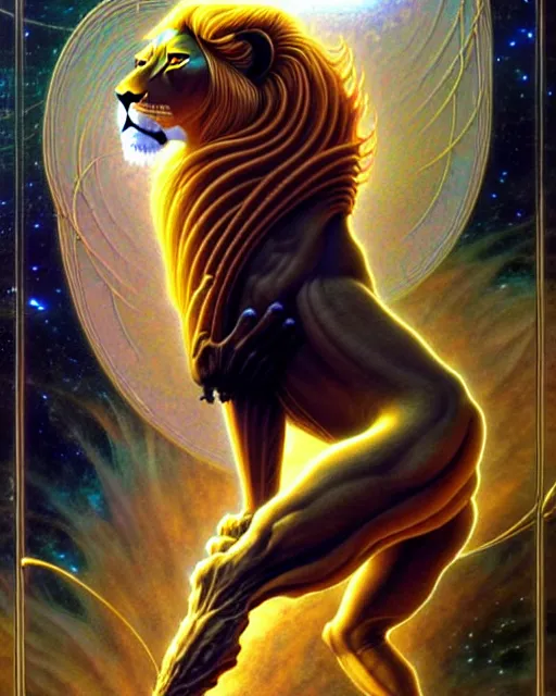 Prompt: a person and a lion tarot card, fantasy character portrait made of fractals, ultra realistic, wide angle, intricate details, the fifth element artifacts, highly detailed by peter mohrbacher, hajime sorayama, wayne barlowe, boris vallejo, aaron horkey, gaston bussiere, craig mullins