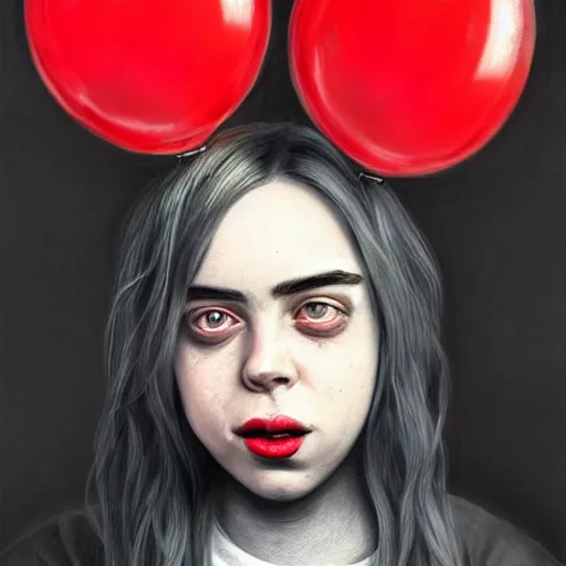 Prompt: surrealism grunge cartoon portrait sketch of billie eilish with a wide smile and a red balloon by - michael karcz, loony toons style, where the wild things are style, horror theme, detailed, elegant, intricate