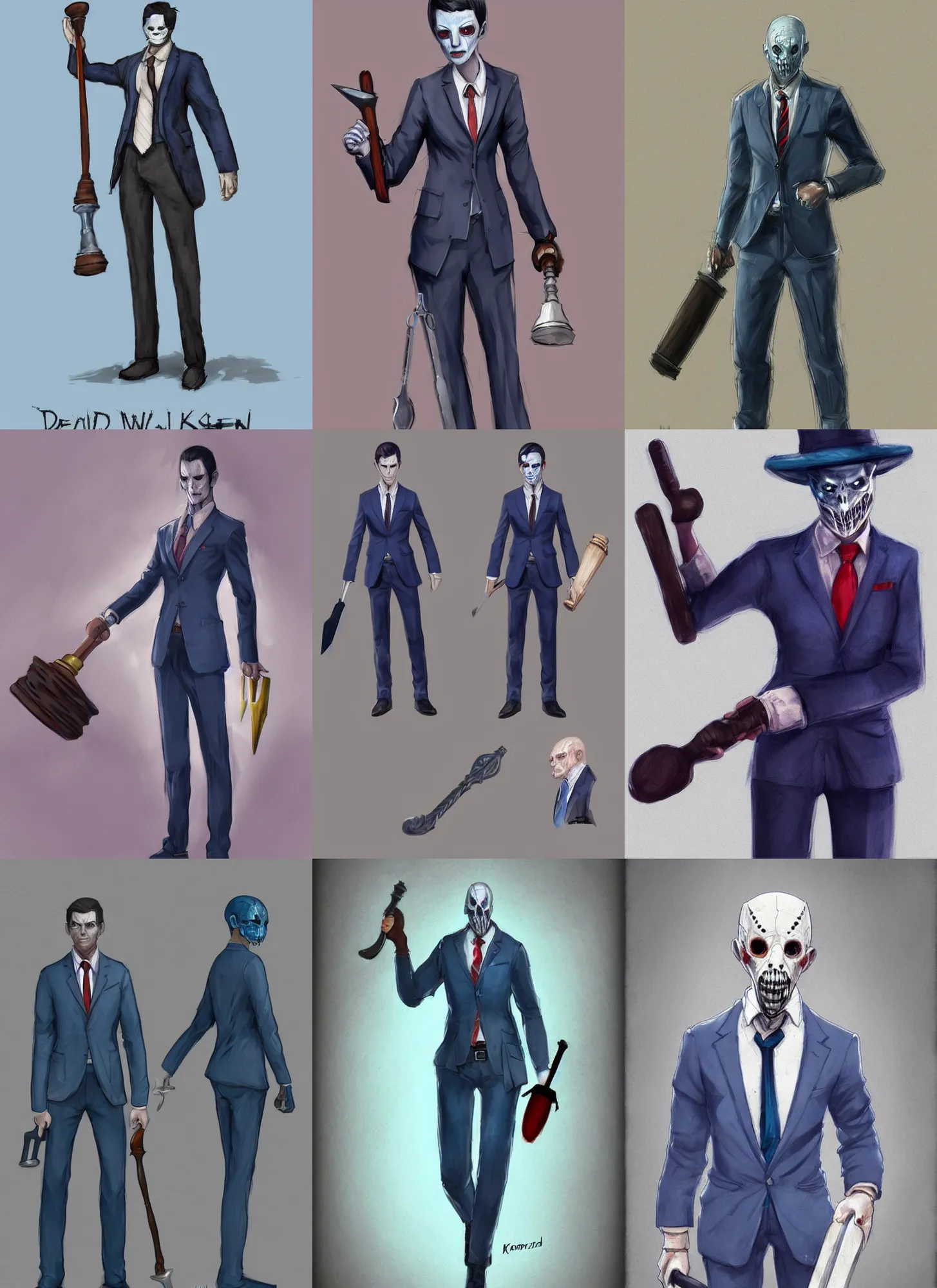 Prompt: concept art of a dead by daylight killer lawyer wearing a blue business suit with gavel hammer hands, character portrait by krenz cushart