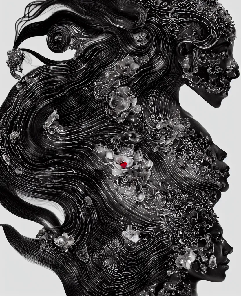 Image similar to goddess princess face close-up portrait ram skull. sculpture made of black and dichroic. jellyfish phoenix head, nautilus, orchid, skull, betta fish, bioluminiscent creatures, intricate artwork by Tooth Wu and wlop and beeple. octane render, trending on artstation, greg rutkowski very coherent symmetrical artwork. cinematic, hyper realism, high detail, octane render, 8k