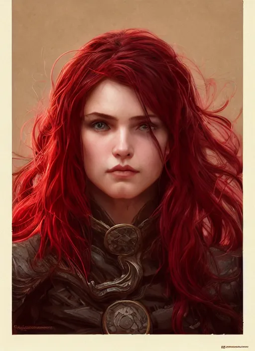 Image similar to vertical portrait of a ruggedly handsome female cleric, soft hair, close - up face, leather, witchy, d & d, fantasy, intricate, elegant, highly detailed, digital painting, artstation, concept art, smooth, sharp focus, illustration, art by artgerm and greg rutkowski and alphonse mucha, plain red background