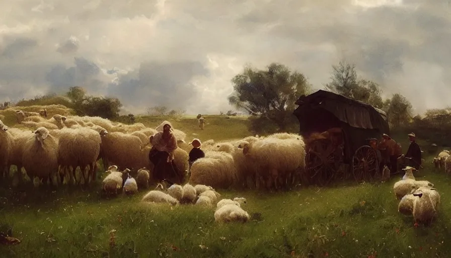 Image similar to simple amish shepherd and children with flocks of sheep in open fields, art by anders zorn, wonderful masterpiece by greg rutkowski, beautiful cinematic light, american romanticism thomas lawrence, greg rutkowski