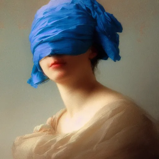 Prompt: a woman’s face wearing a blue silk blindfold, by ivan aivazovsky and alma tadema and remrandt and willen claesz heda, rendered in octane