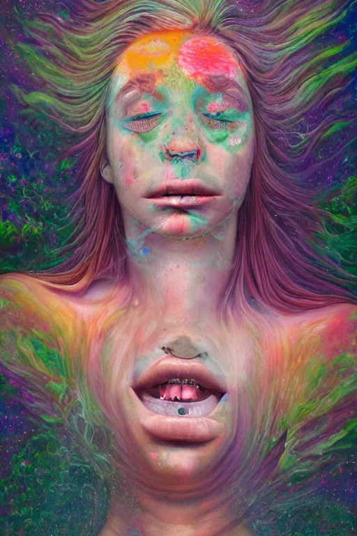 Image similar to acid tripping midsommer girl third eye open, chakra energy waves resonating from her body, ethereal aura, epic surrealism 8k oil painting, portrait, perspective, high definition, post modernist layering, by Sean Yoro, Gerald Brom