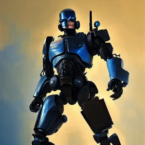 Image similar to greg manchess portrait painting of robocop as overwatch character, medium shot, asymmetrical, profile picture, organic painting, sunny day, matte painting, bold shapes, hard edges, street art, trending on artstation, by huang guangjian and gil elvgren and sachin teng