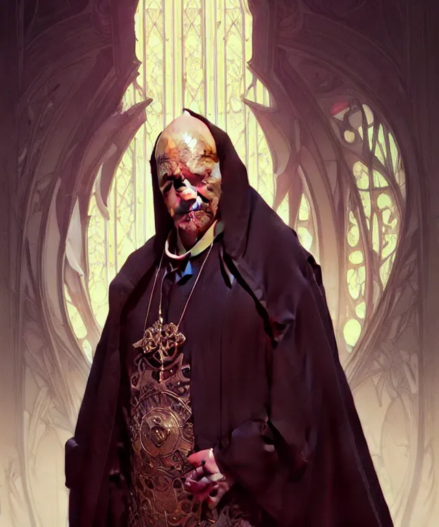 Image similar to an evil priest, portrait, intricate, elegant, highly detailed, digital painting, artstation, concept art, smooth, sharp focus, illustration, art by artgerm and greg rutkowski and alphonse mucha