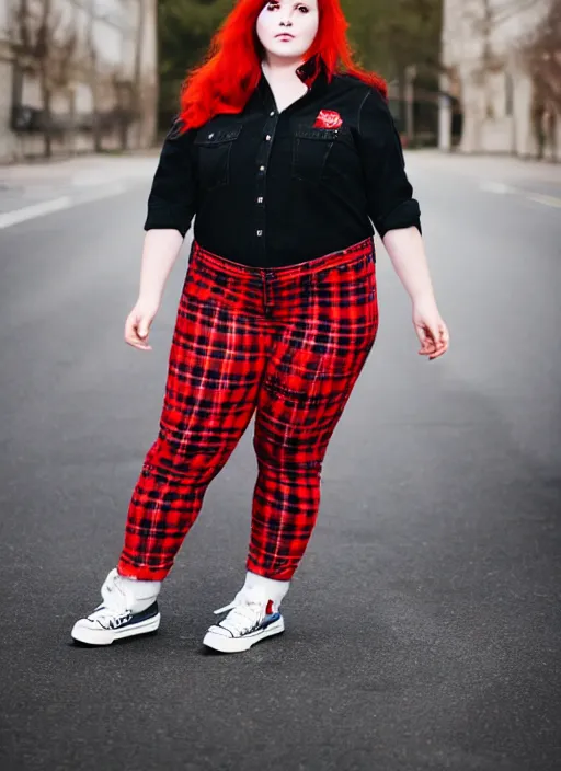 Image similar to photograp of a plus-size redhead woman wearing jeans, black converse shoes, and a red tartan shirt