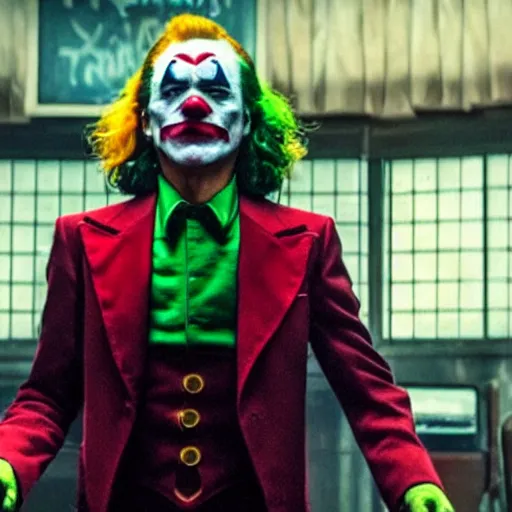 Prompt: film still of Ronald McDonald as joker in the new Joker movie