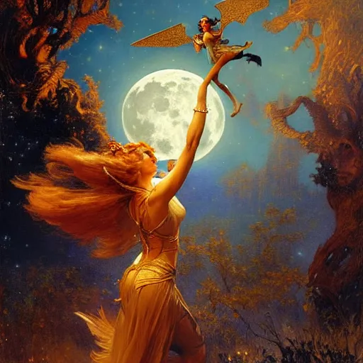 Image similar to witch flying, trough the night, fantasy, full moon in background. highly detailed painting by gaston bussiere, craig mullins, j. c. leyendecker 8 k