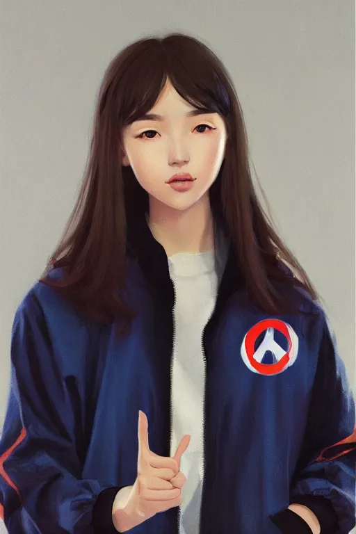 Image similar to A ultradetailed beautiful panting of a stylish girl doing the peace sign, she is wearing an oversized Nike jacket, Oil painting, by Ilya Kuvshinov, Greg Rutkowski and Makoto Shinkai