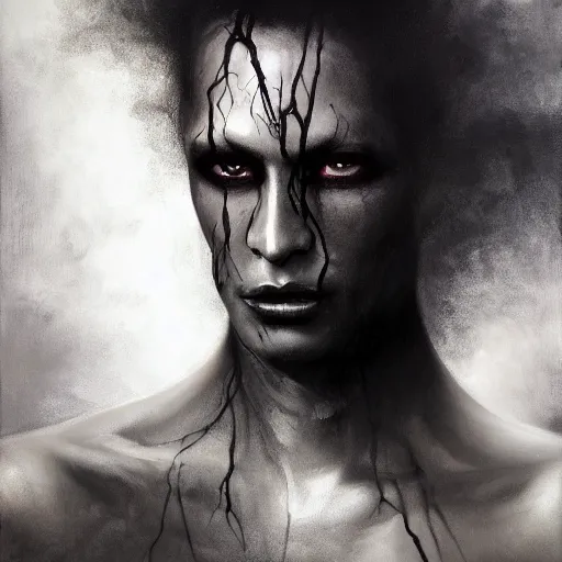 Image similar to a deep shadowy human form with deep purple eyes, a man completely dark, dark shadow, no color, with black magic powers, ultra realistic, 8 k, organic painting, matte painting, bold shapes, hard edges, street art, trending on artstation, by huang guangjian, gil elvgren, ruan jia, randy vargas, greg rutkowski