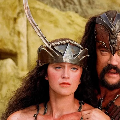 Image similar to tom hanks as conan the barbarian with a women in his arms