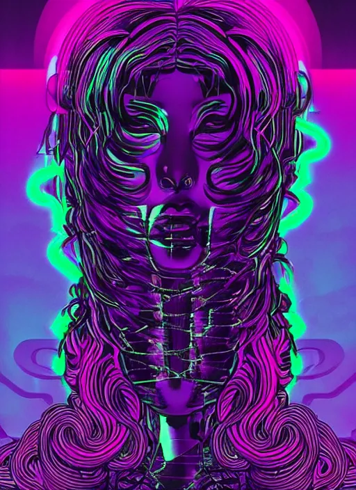 Image similar to medusa, beeple, vaporwave, retrowave, black background, neon wiring, black, glitch, strong contrast, cuts, pinterest, trending on artstation