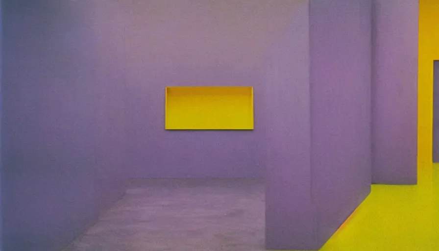 Prompt: 60s movie still of a sovietic stalinist style empty art museum with yellow wall and light blue tiles floor, LOMOCHROME PURPLE FILM 100-400 35MM, liminal Space style, heavy grain