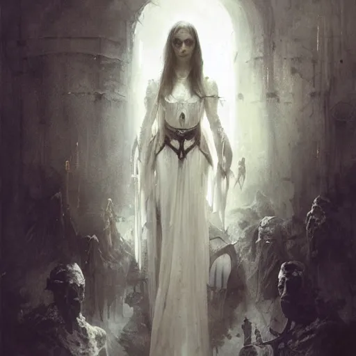 Prompt: in the drakest place in the world, a world of horror, films of all time : : and a stunning white gothic angel, is the experience of all, members of your family who, and reward players for their success, concept art, artwork by greg rutkowski, trending