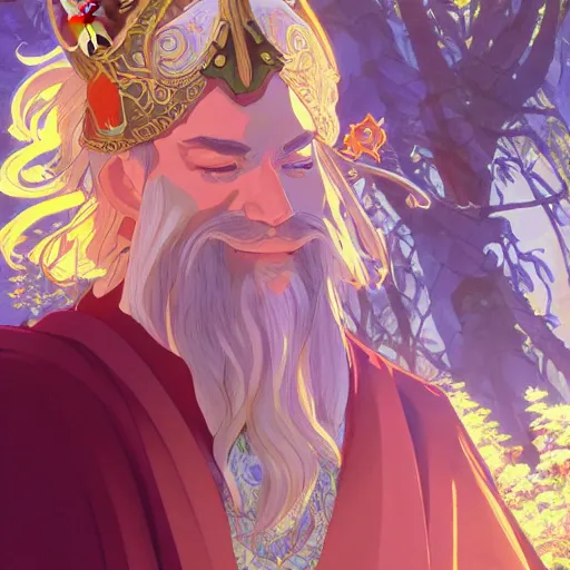 Image similar to elf wizard, dungeons and dragons, male, ornate robes, realistic facial features, highly detailed, illustration, Makoto Shinkai and Studio Ghibli animated film still, by Ilya Kuvshinov and Alphonse Mucha