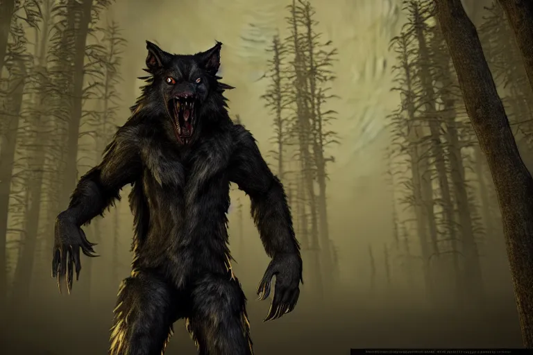 Image similar to werewolf from van helsing unreal engine hyperreallistic render 8k character concept art moon forest